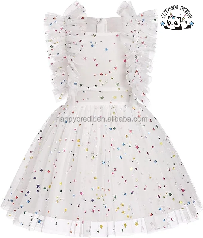 LEZONKIDS - Customize Girls Sequins Romper Tutu Dress Flower Bow knot Dots Print Summer Flutter Sleeves girls  Dresses